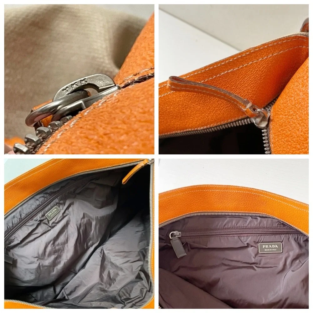 Prada tan canvas orange leather vintage oversized shoulder tote bag Y2K